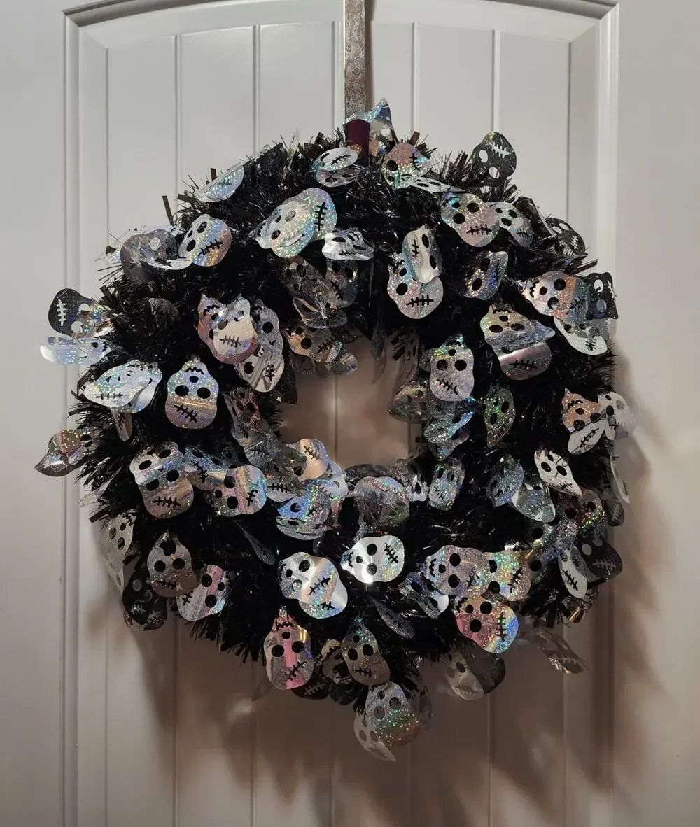 Halloween Tinsel Wreath Black with Silver Skeletons Door Decor 19